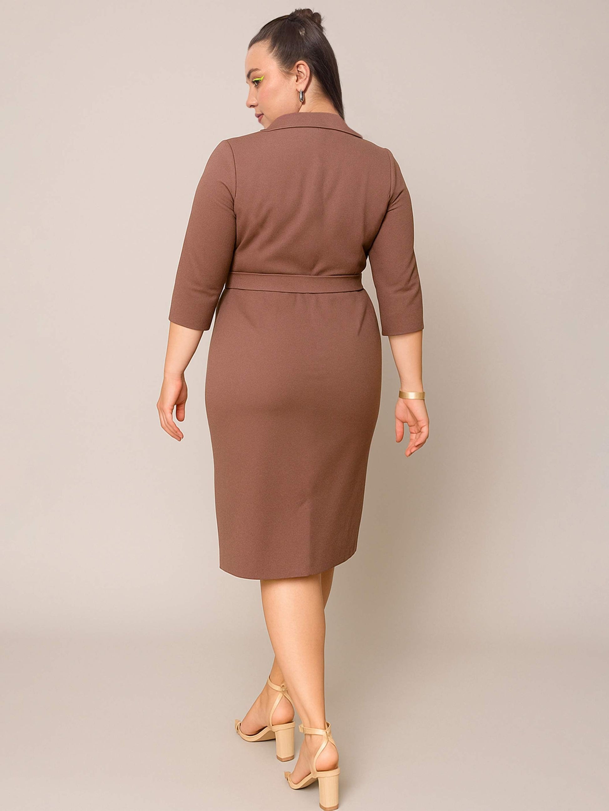Brown Notch Collar Belted Bodycon Dress-SASSAFRAS Curve