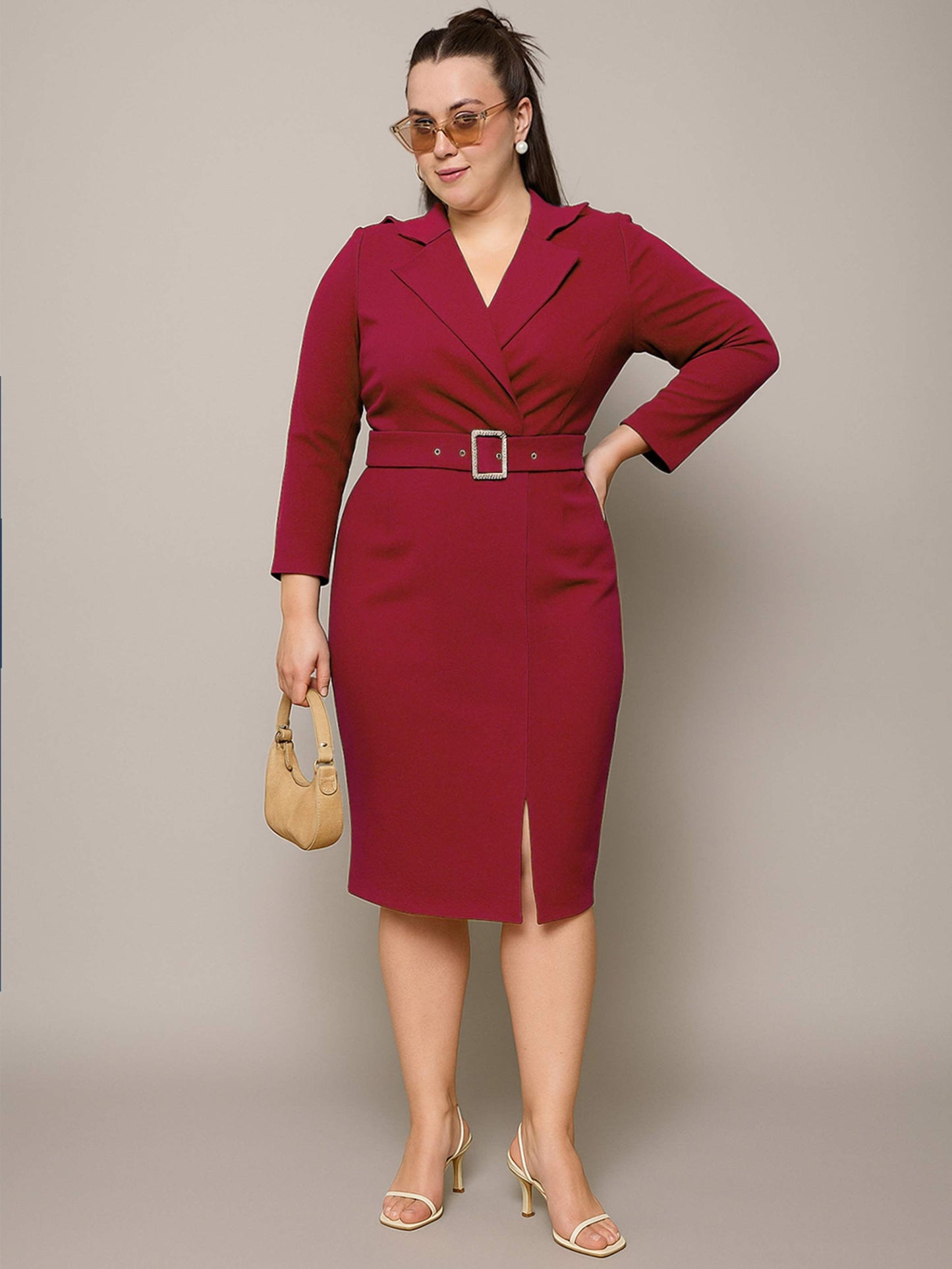 Maroon Notch Collar Belted Bodycon Dress