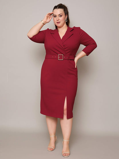 Maroon Notch Collar Belted Bodycon Dress