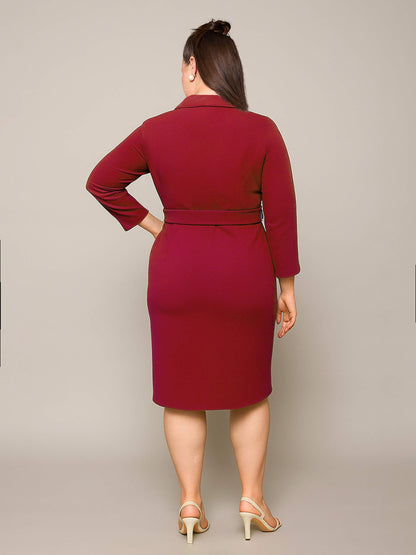 Maroon Notch Collar Belted Bodycon Dress