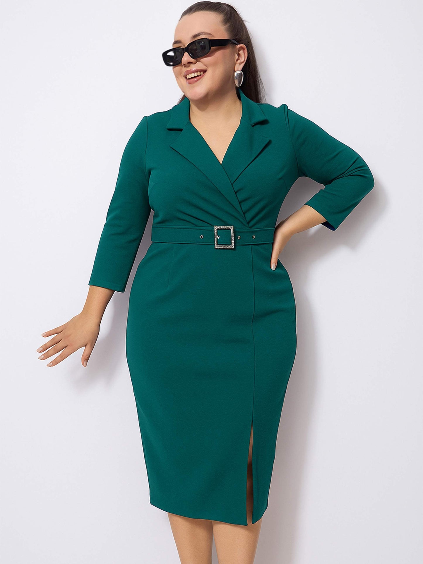 Green Notch Collar Belted Bodycon Dress
