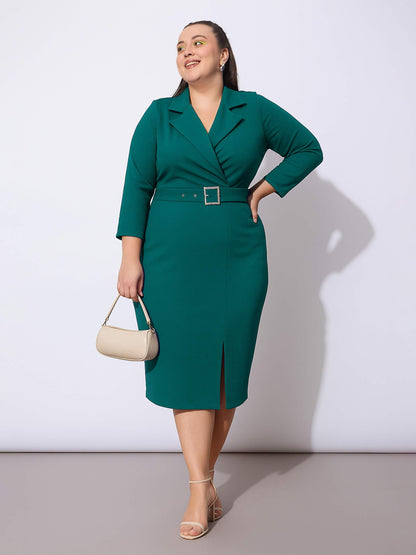 Green Notch Collar Belted Bodycon Dress