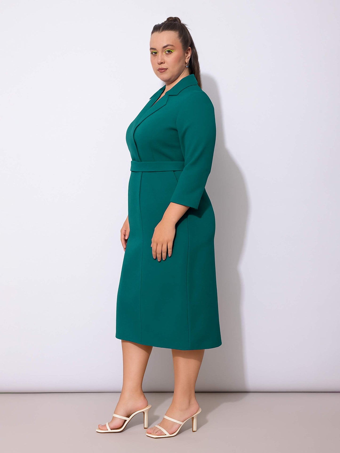 Green Notch Collar Belted Bodycon Dress