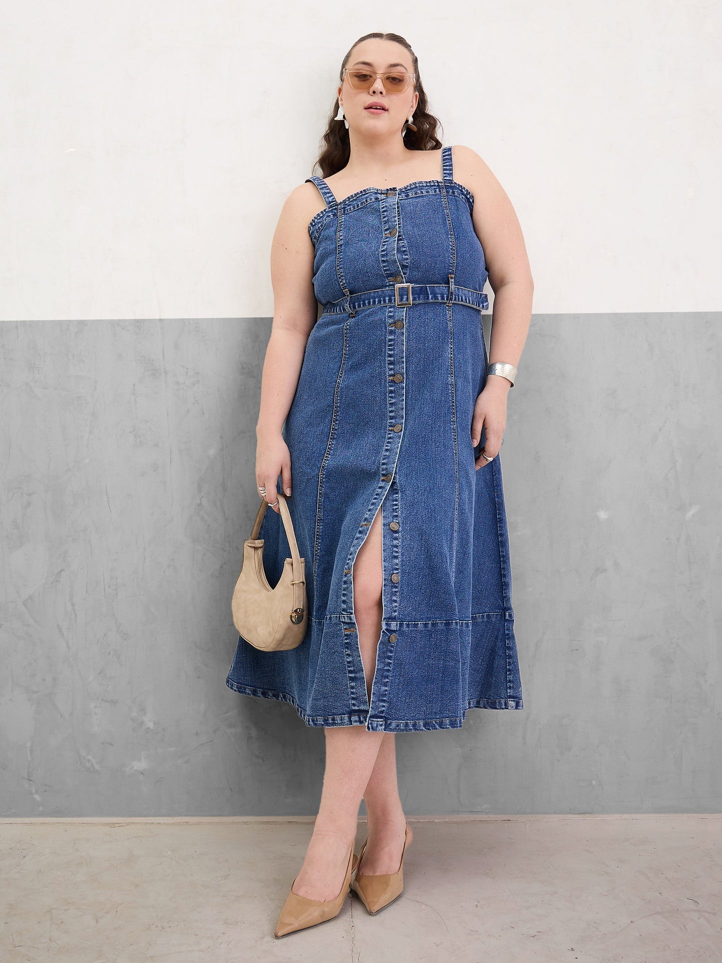 Navy Wash Denim Sleeveless Midi Dress
