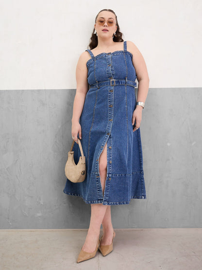 Navy Wash Denim Sleeveless Midi Dress