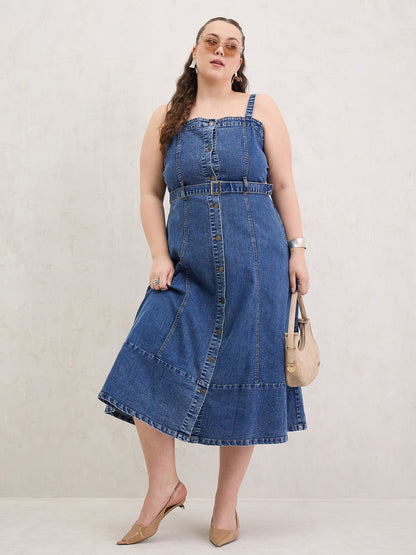 Navy Wash Denim Sleeveless Midi Dress