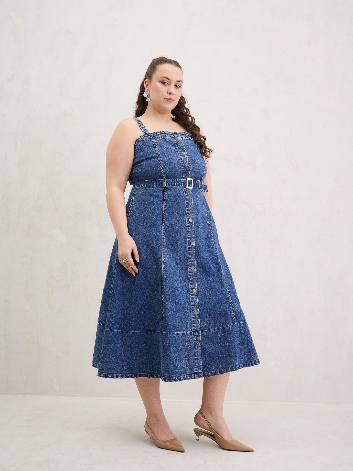 Navy Wash Denim Sleeveless Midi Dress