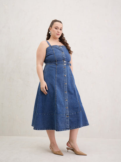 Navy Wash Denim Sleeveless Midi Dress