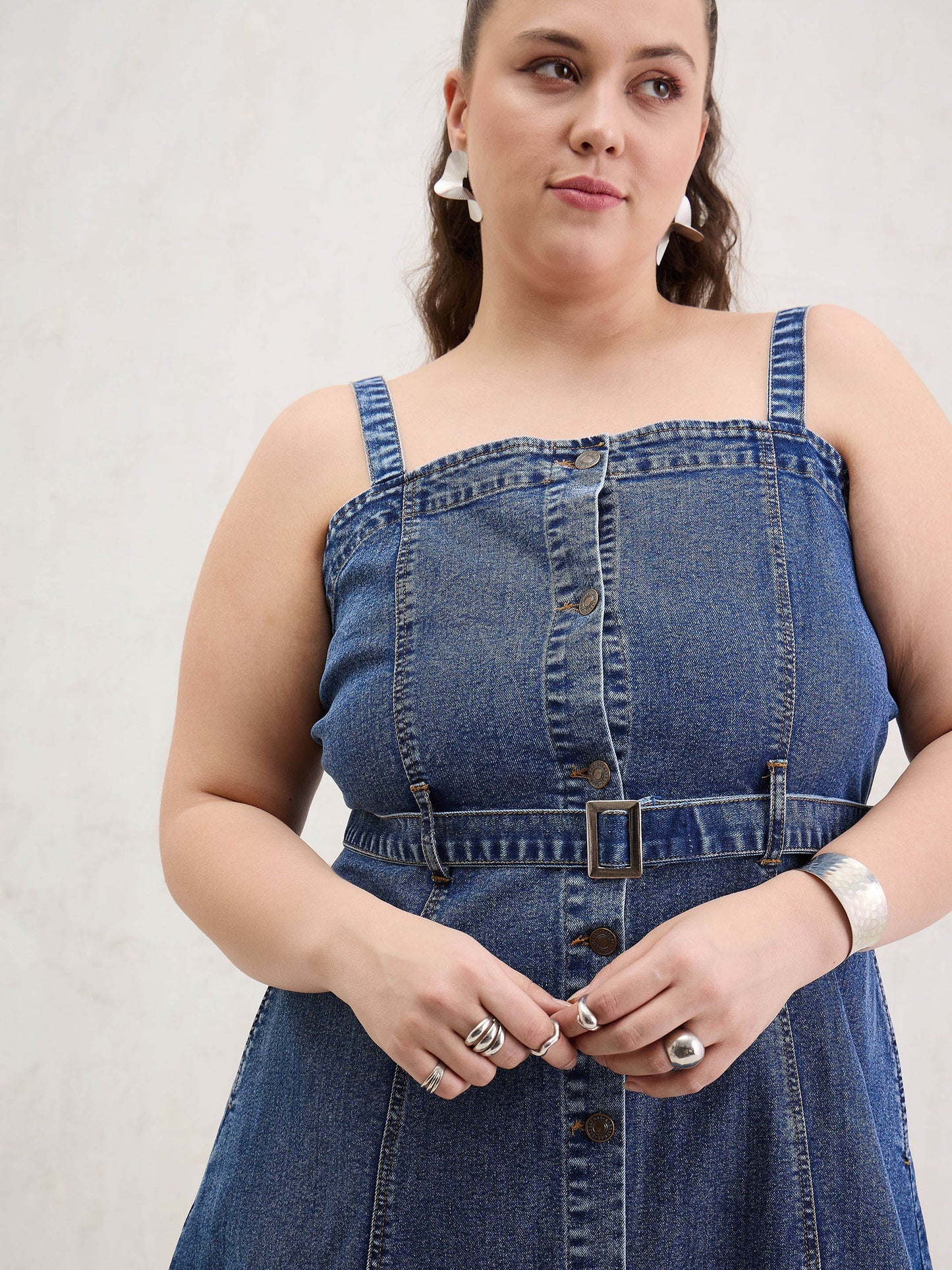 Navy Wash Denim Sleeveless Midi Dress