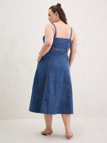 Navy Wash Denim Sleeveless Midi Dress