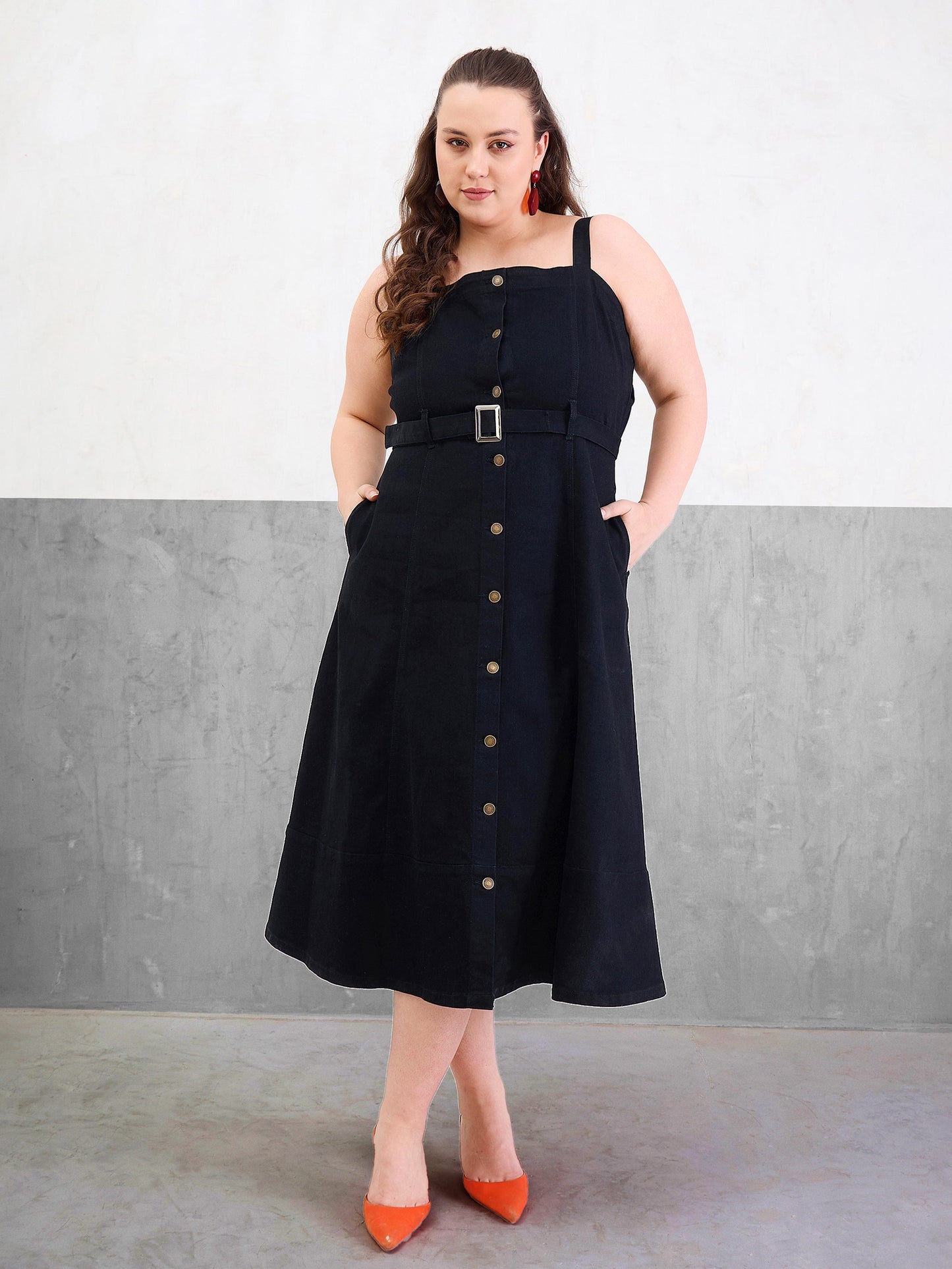 Black Wash Denim Sleeveless Midi Dress