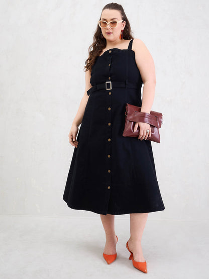 Black Wash Denim Sleeveless Midi Dress
