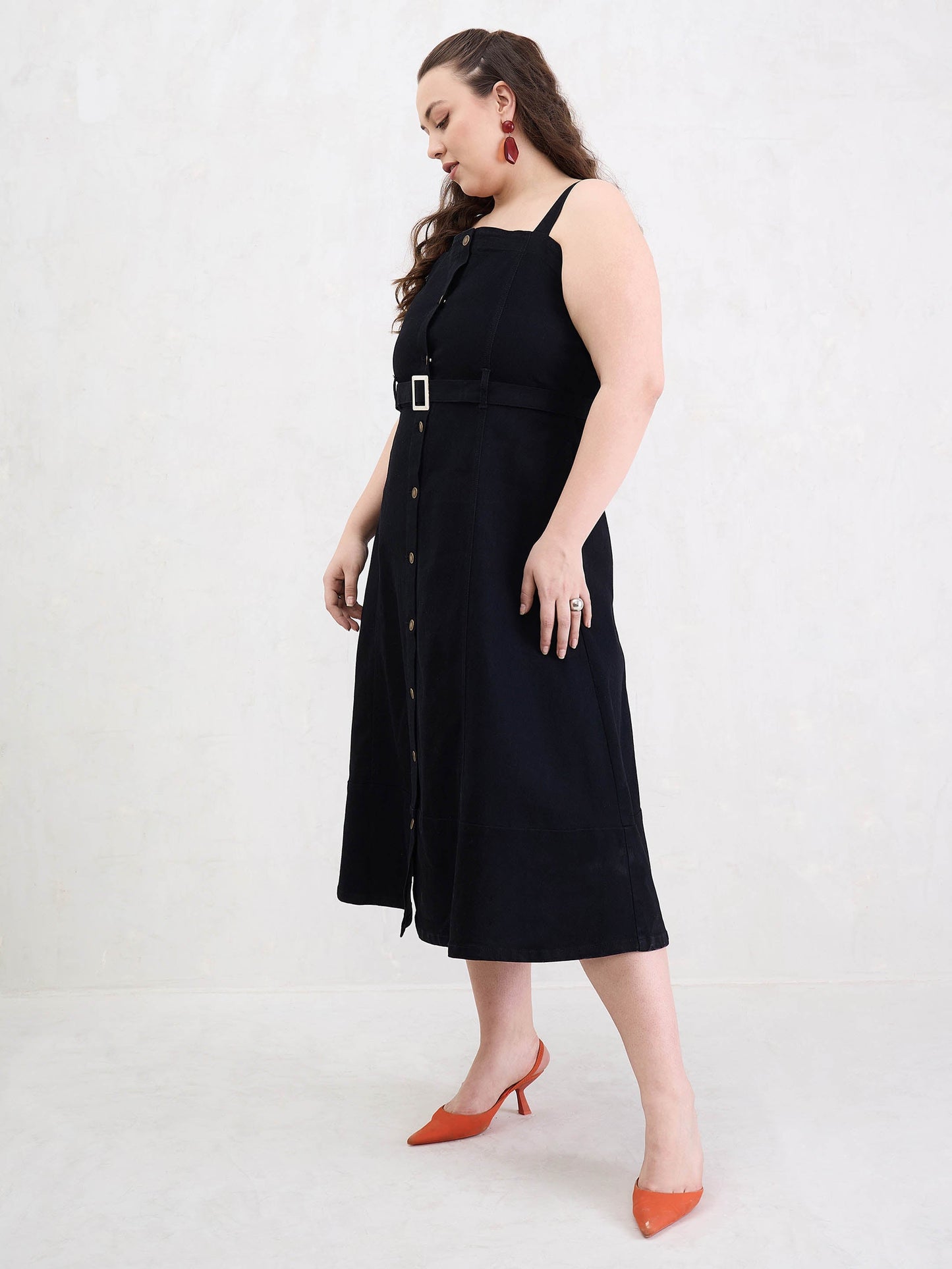 Black Wash Denim Sleeveless Midi Dress