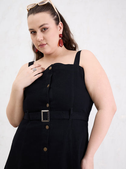 Black Wash Denim Sleeveless Midi Dress