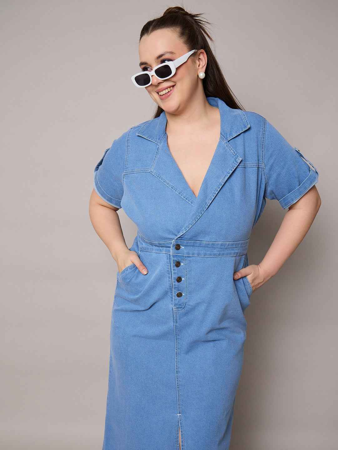 Ice Blue Acid Wash Denim Front Slit Midi Dress-SASSAFRAS Curve
