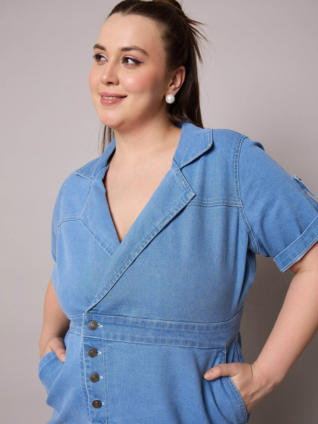 Ice Blue Acid Wash Denim Front Slit Midi Dress-SASSAFRAS Curve