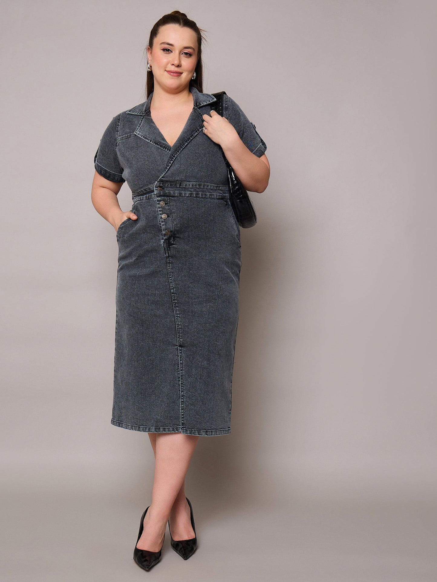 Black Acid Wash Denim Front Slit Midi Dress