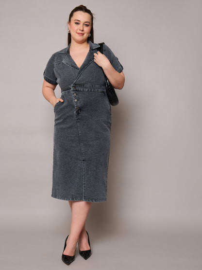 Black Acid Wash Denim Front Slit Midi Dress