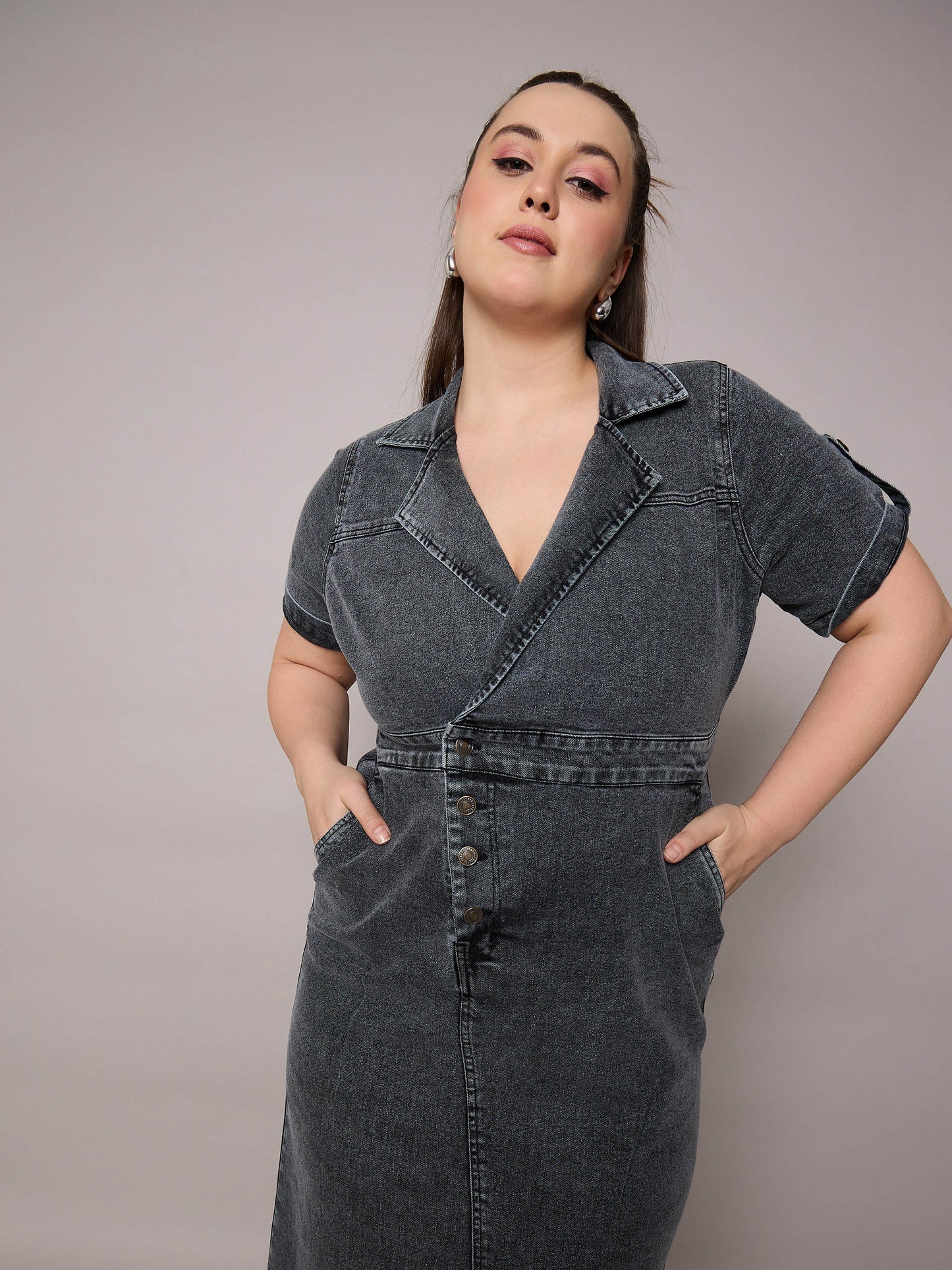 Black Acid Wash Denim Front Slit Midi Dress