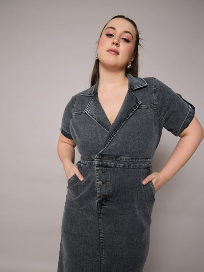 Black Acid Wash Denim Front Slit Midi Dress