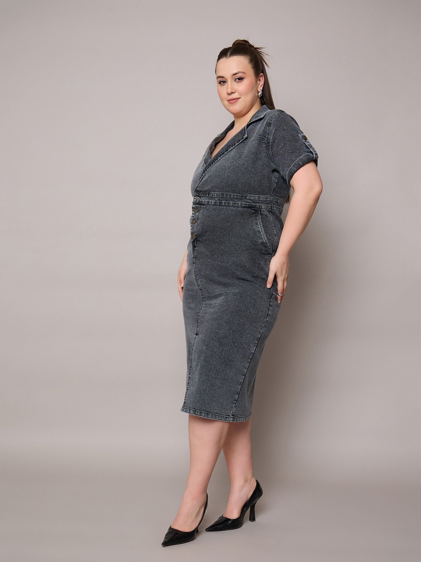 Black Acid Wash Denim Front Slit Midi Dress