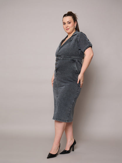 Black Acid Wash Denim Front Slit Midi Dress