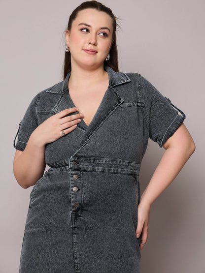 Black Acid Wash Denim Front Slit Midi Dress