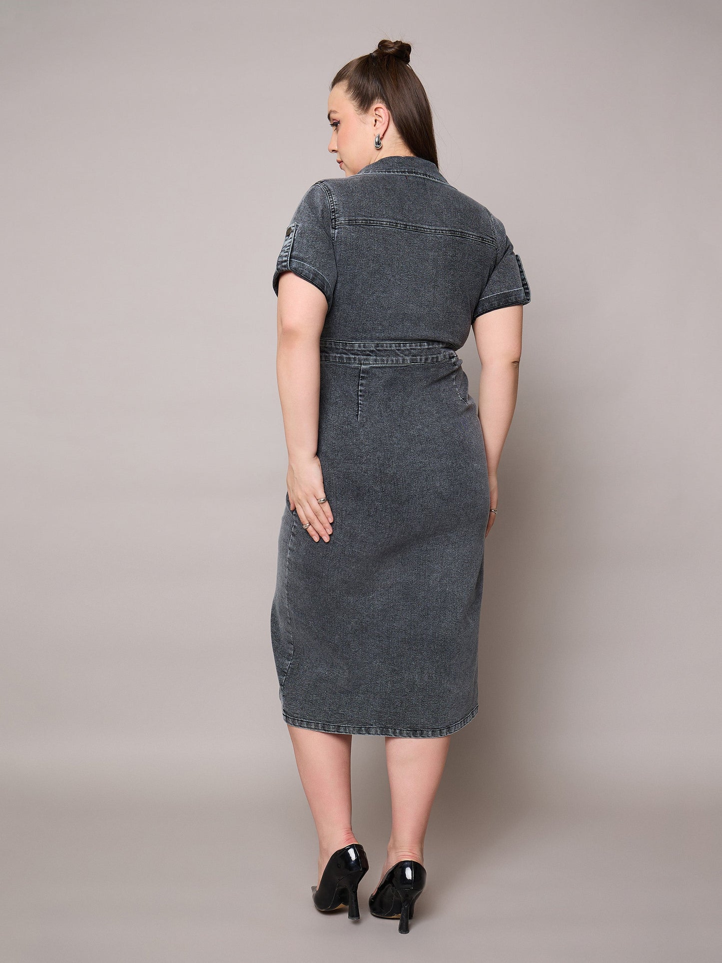 Black Acid Wash Denim Front Slit Midi Dress