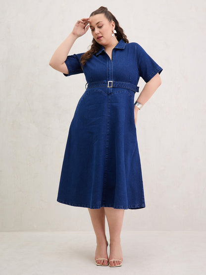 Navy Denim Front Zipper Flared Hem Midi Dress-SASSAFRAS Curve