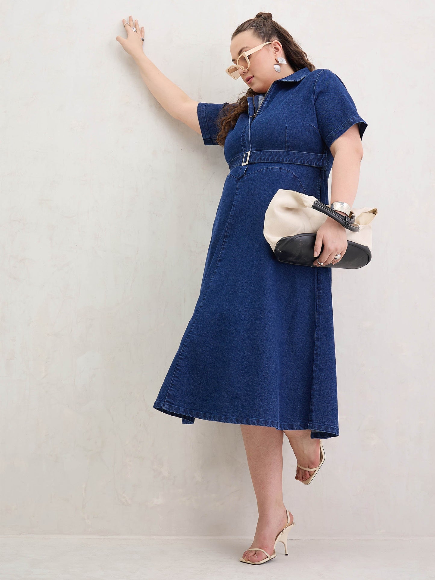 Navy Denim Front Zipper Flared Hem Midi Dress-SASSAFRAS Curve