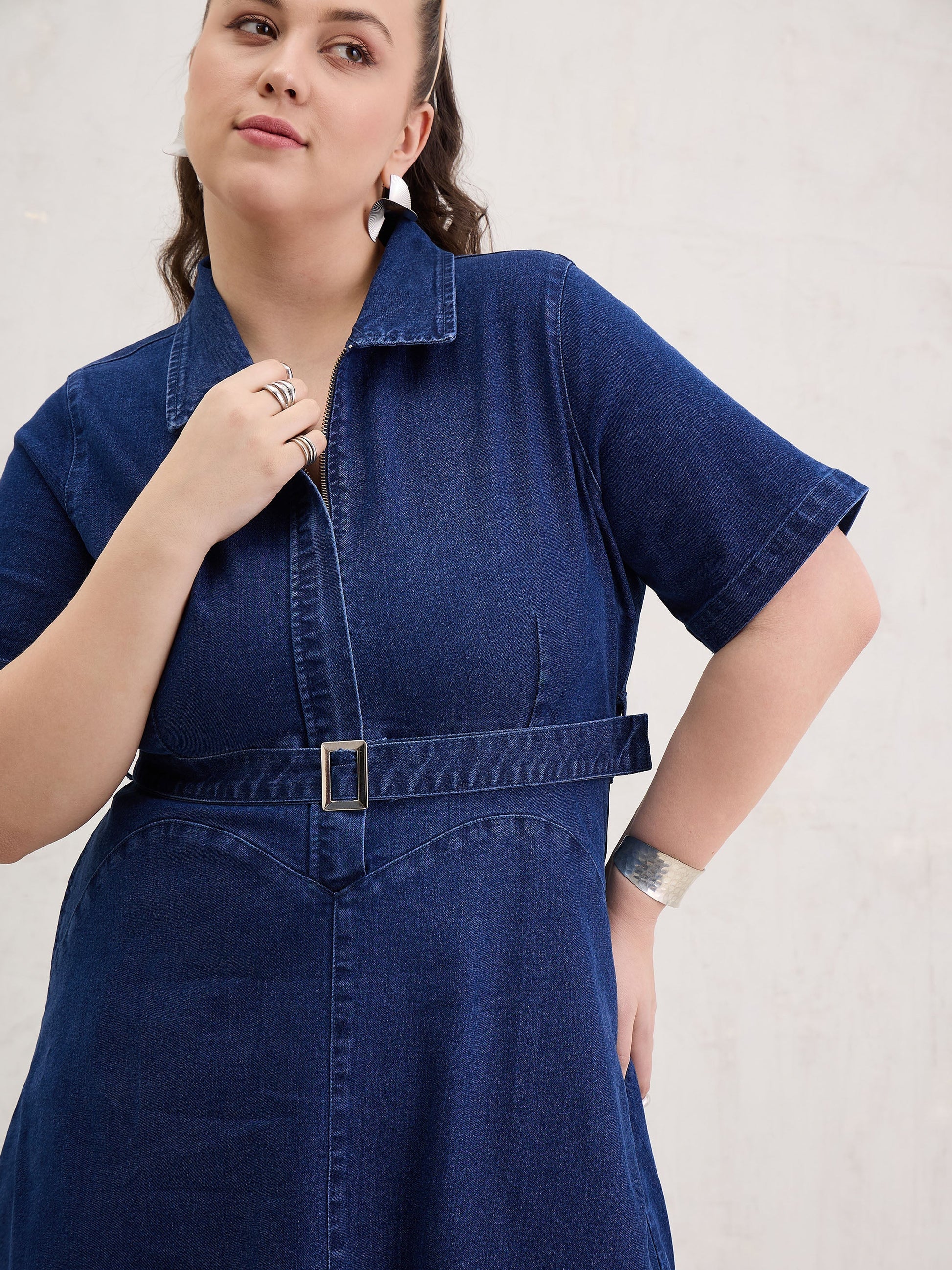 Navy Denim Front Zipper Flared Hem Midi Dress-SASSAFRAS Curve