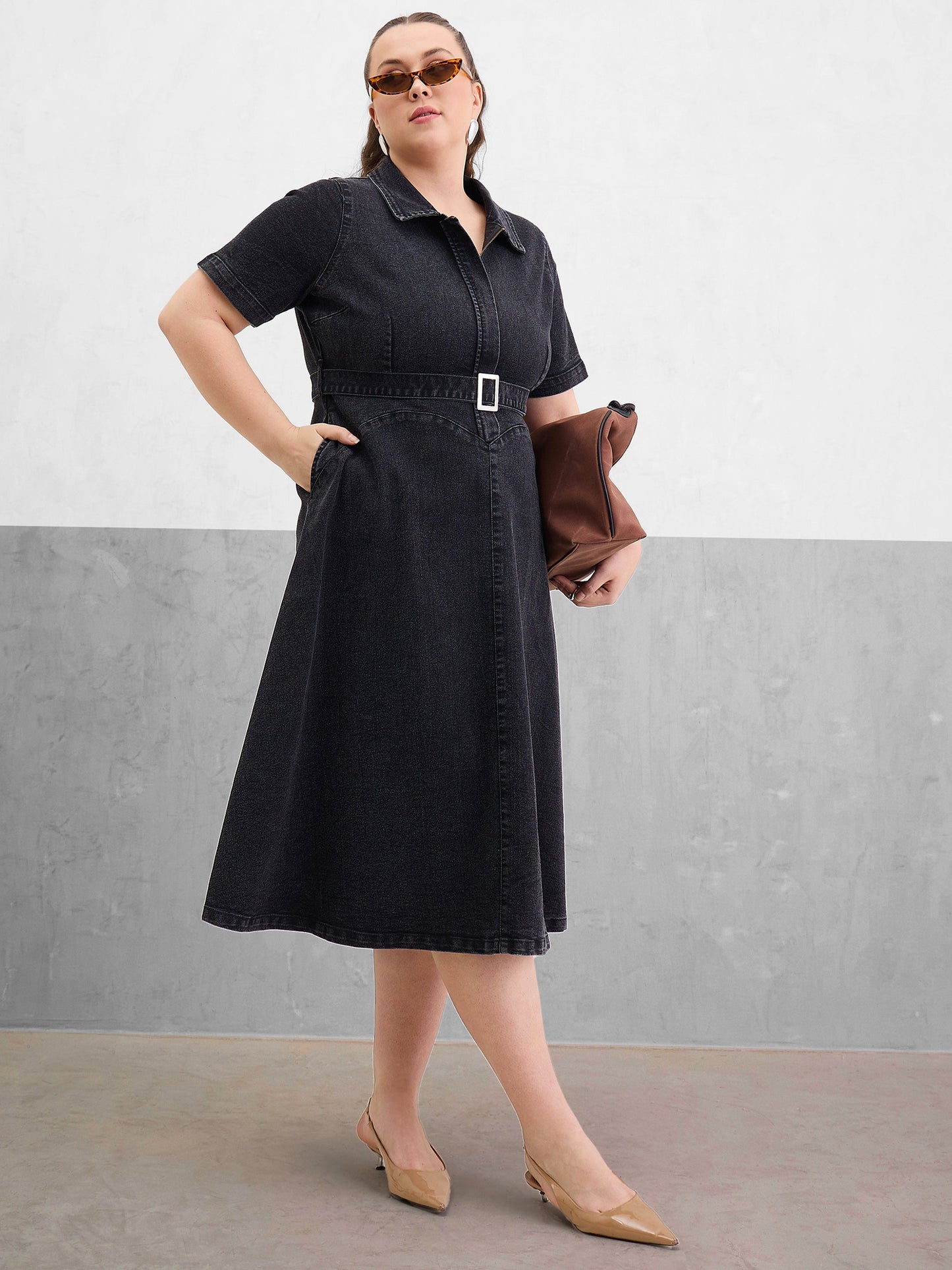 Plus size women's Black Denim Black Denim Front Zipper Flared Hem Midi Dress by Sassafras Curve for wholesale buyers, boutiques, resellers and bulk