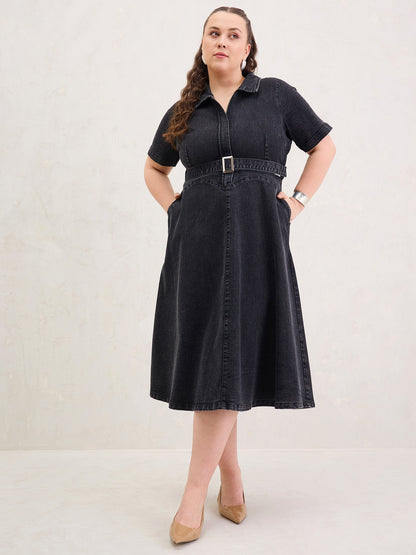 Black Denim Front Zipper Flared Hem Midi Dress-SASSAFRAS Curve