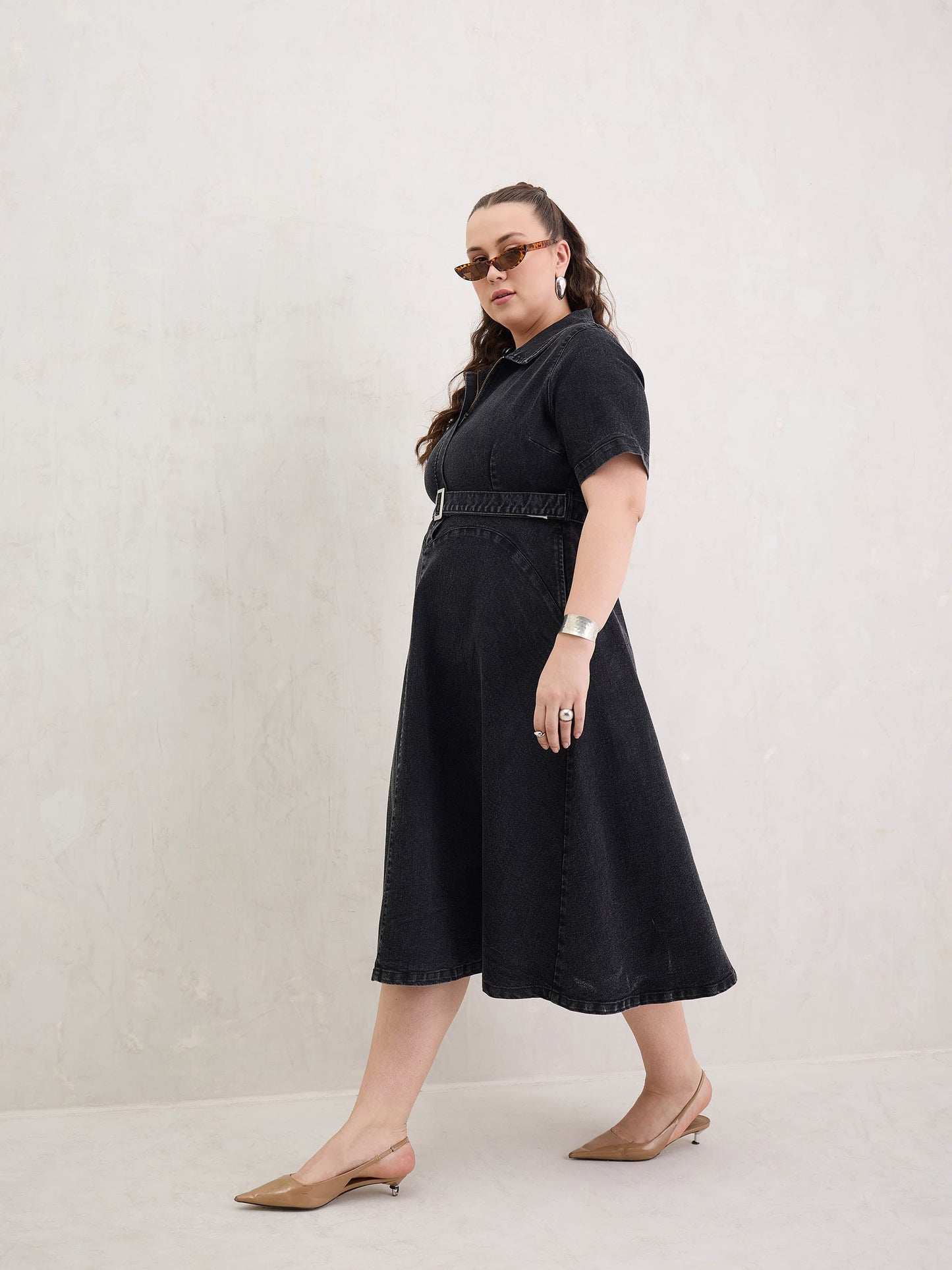 Black Denim Front Zipper Flared Hem Midi Dress-SASSAFRAS Curve