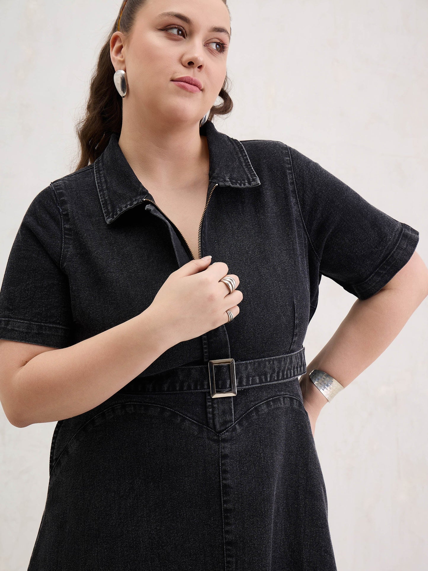 Black Denim Front Zipper Flared Hem Midi Dress-SASSAFRAS Curve