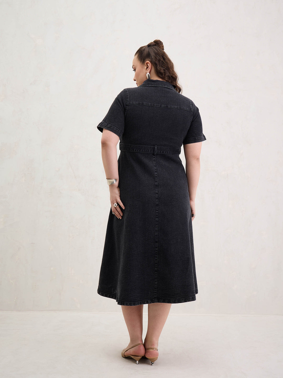 Black Denim Front Zipper Flared Hem Midi Dress-SASSAFRAS Curve