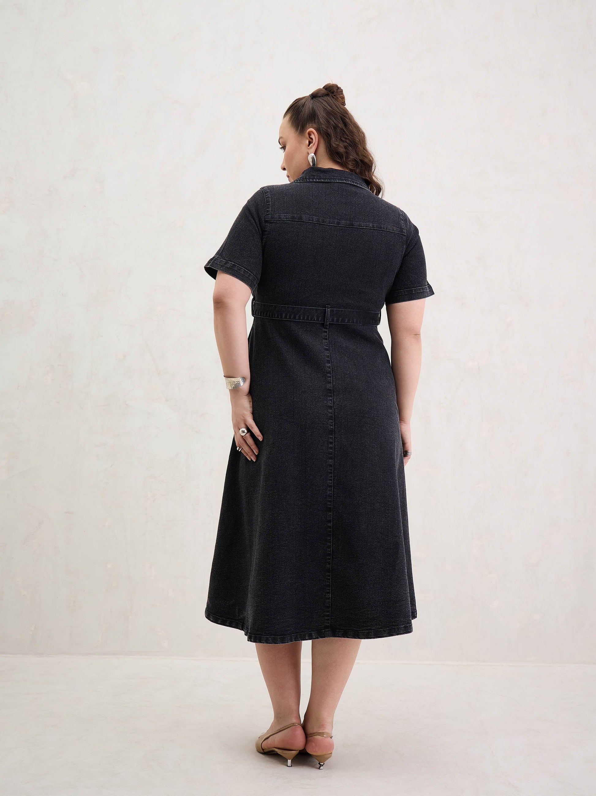 Black Denim Front Zipper Flared Hem Midi Dress-SASSAFRAS Curve