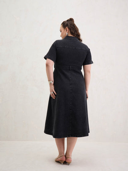 Black Denim Front Zipper Flared Hem Midi Dress-SASSAFRAS Curve