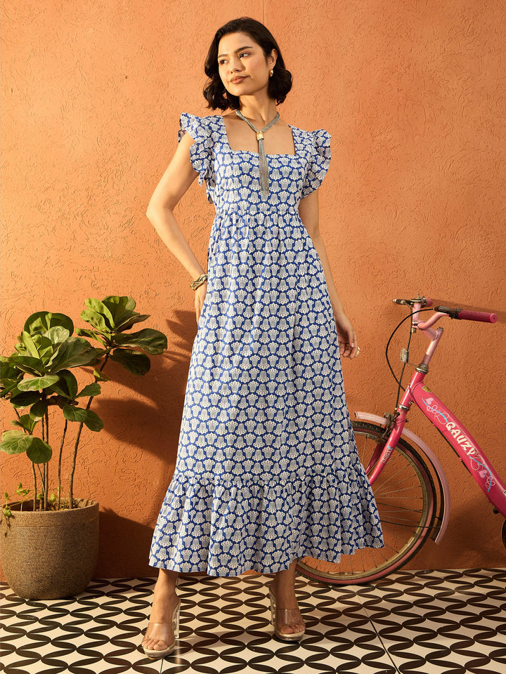 Women Blue &amp; White Floral Back Knot Maxi Dress