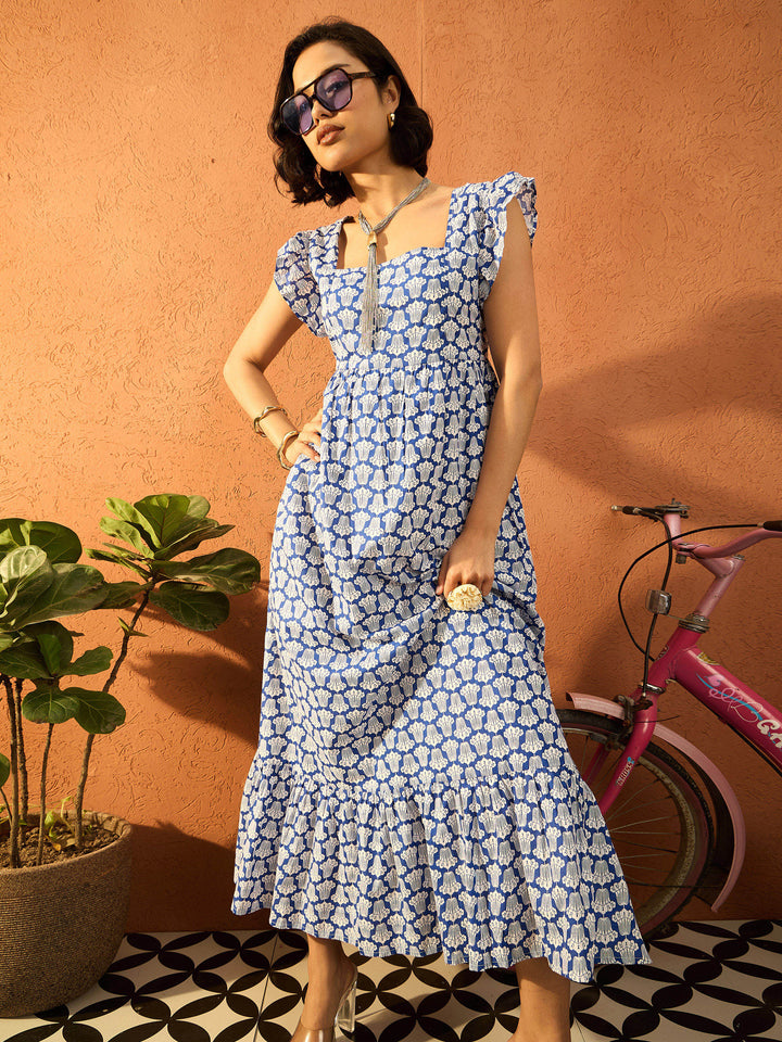 Women Blue &amp; White Floral Back Knot Maxi Dress