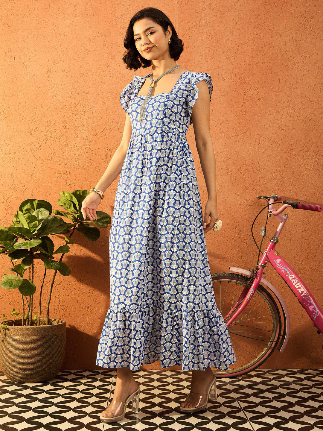 Women Blue &amp; White Floral Back Knot Maxi Dress