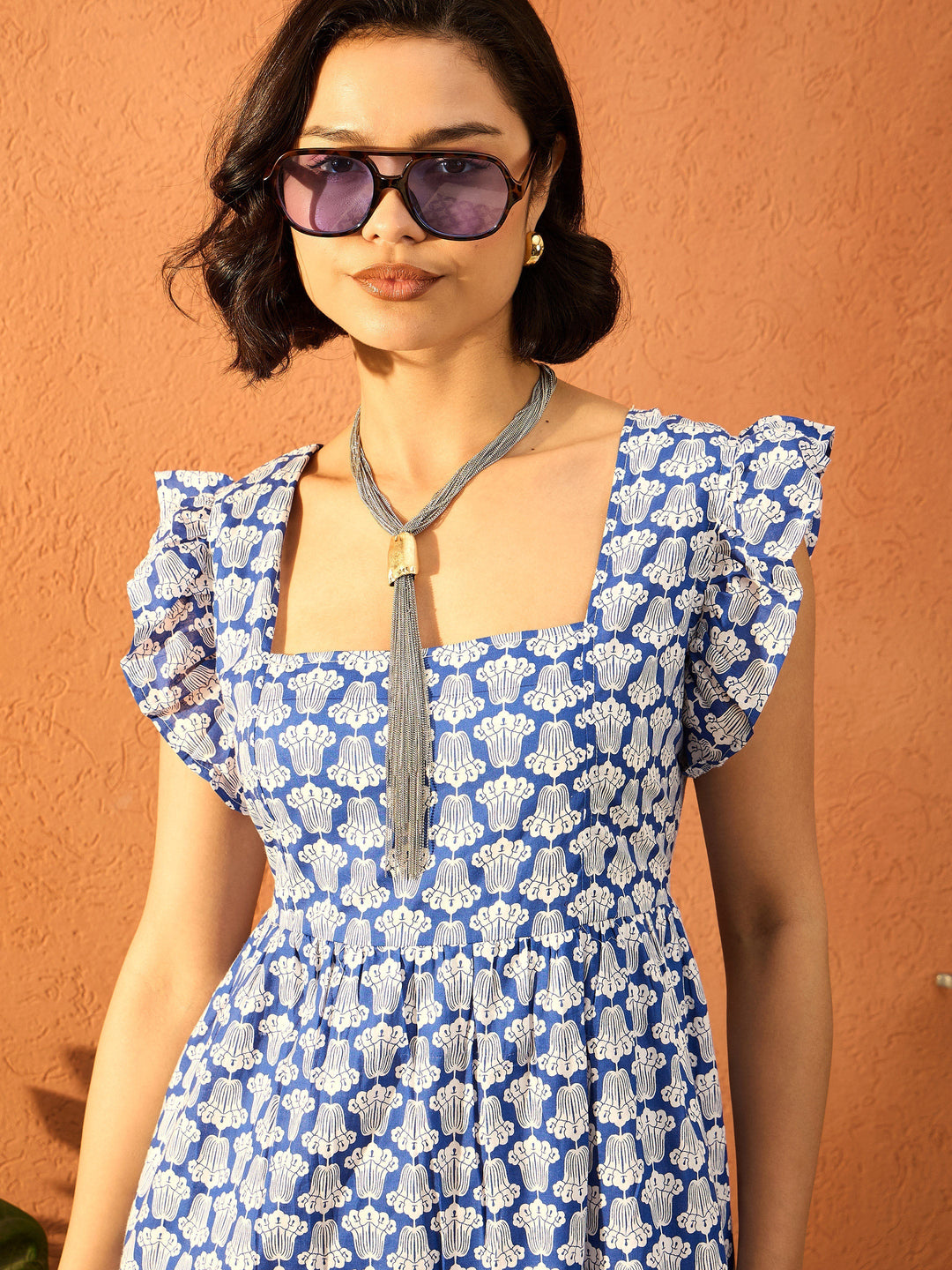 Women Blue &amp; White Floral Back Knot Maxi Dress