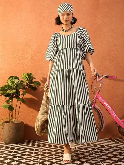 Women Green & White Stripe Tiered Maxi Dress