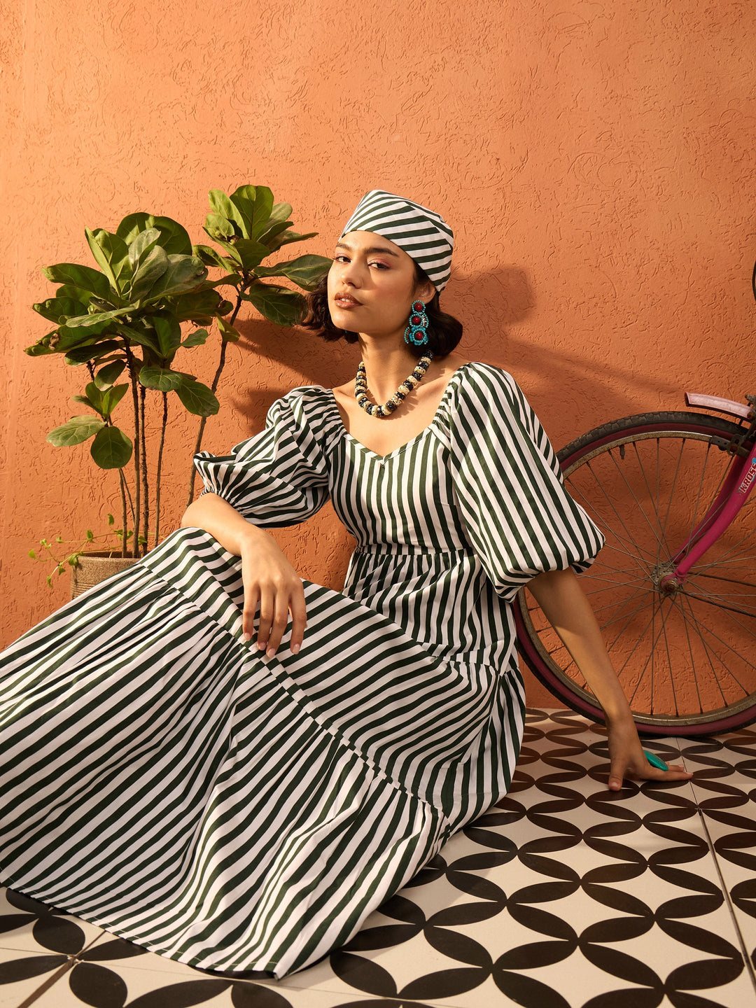 Women Green &amp; White Stripe Tiered Maxi Dress