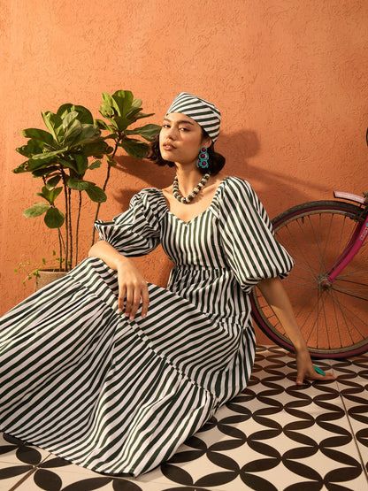 Women Green & White Stripe Tiered Maxi Dress