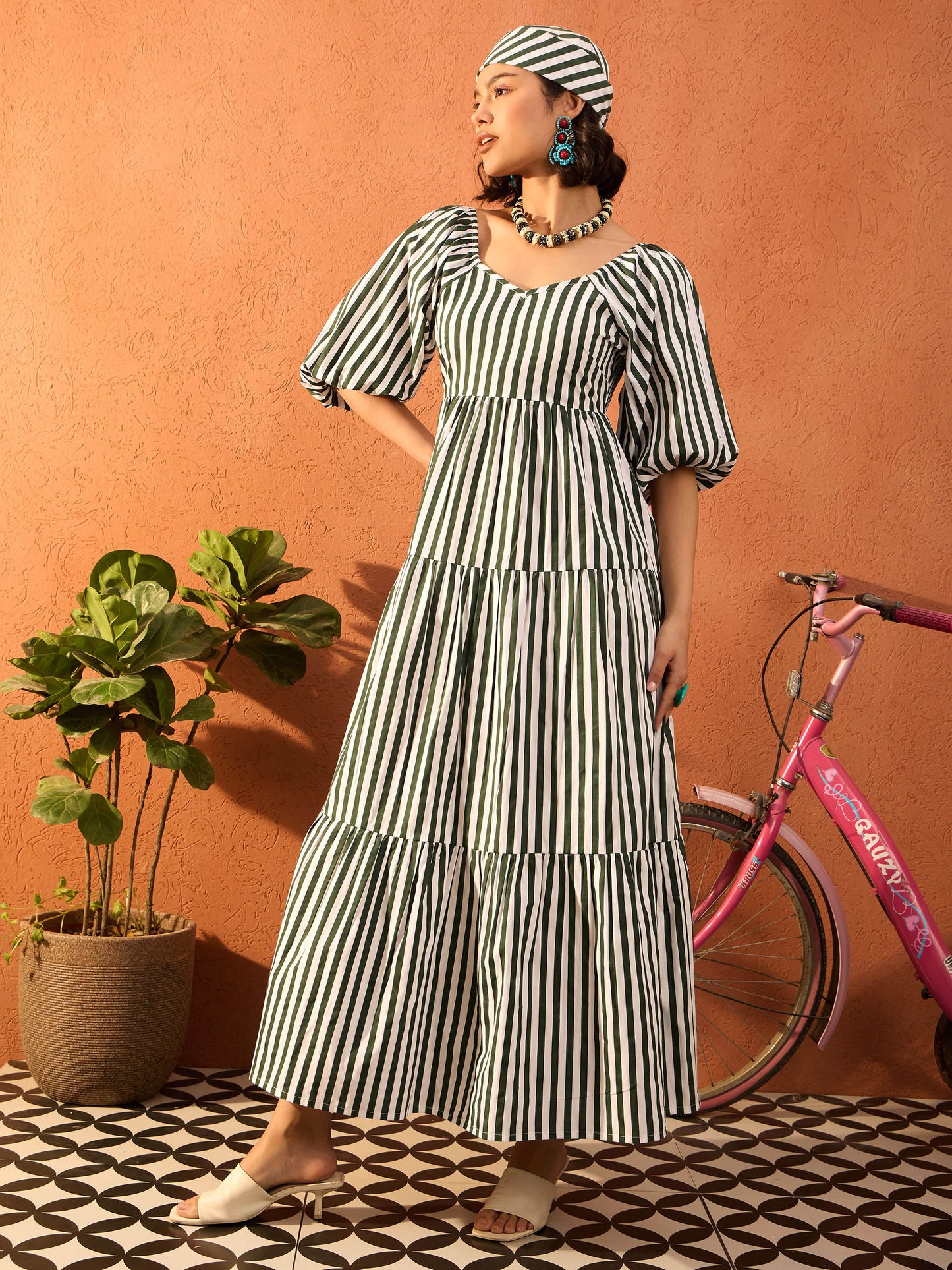 Women Green & White Stripe Tiered Maxi Dress