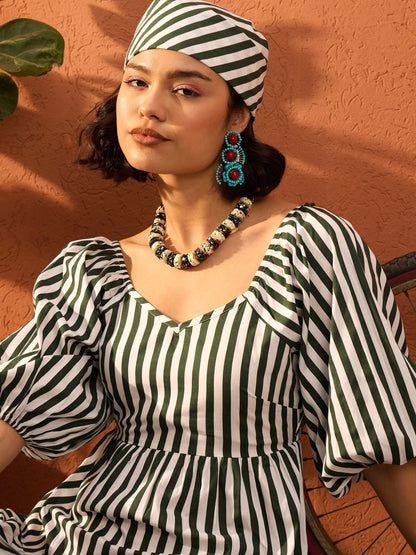 Women Green & White Stripe Tiered Maxi Dress