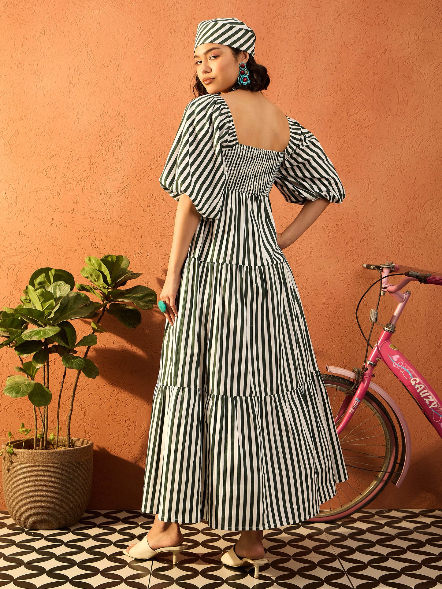 Women Green & White Stripe Tiered Maxi Dress