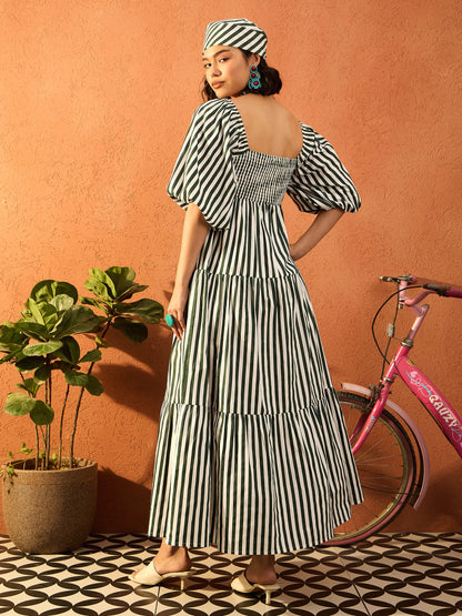 Women Green & White Stripe Tiered Maxi Dress