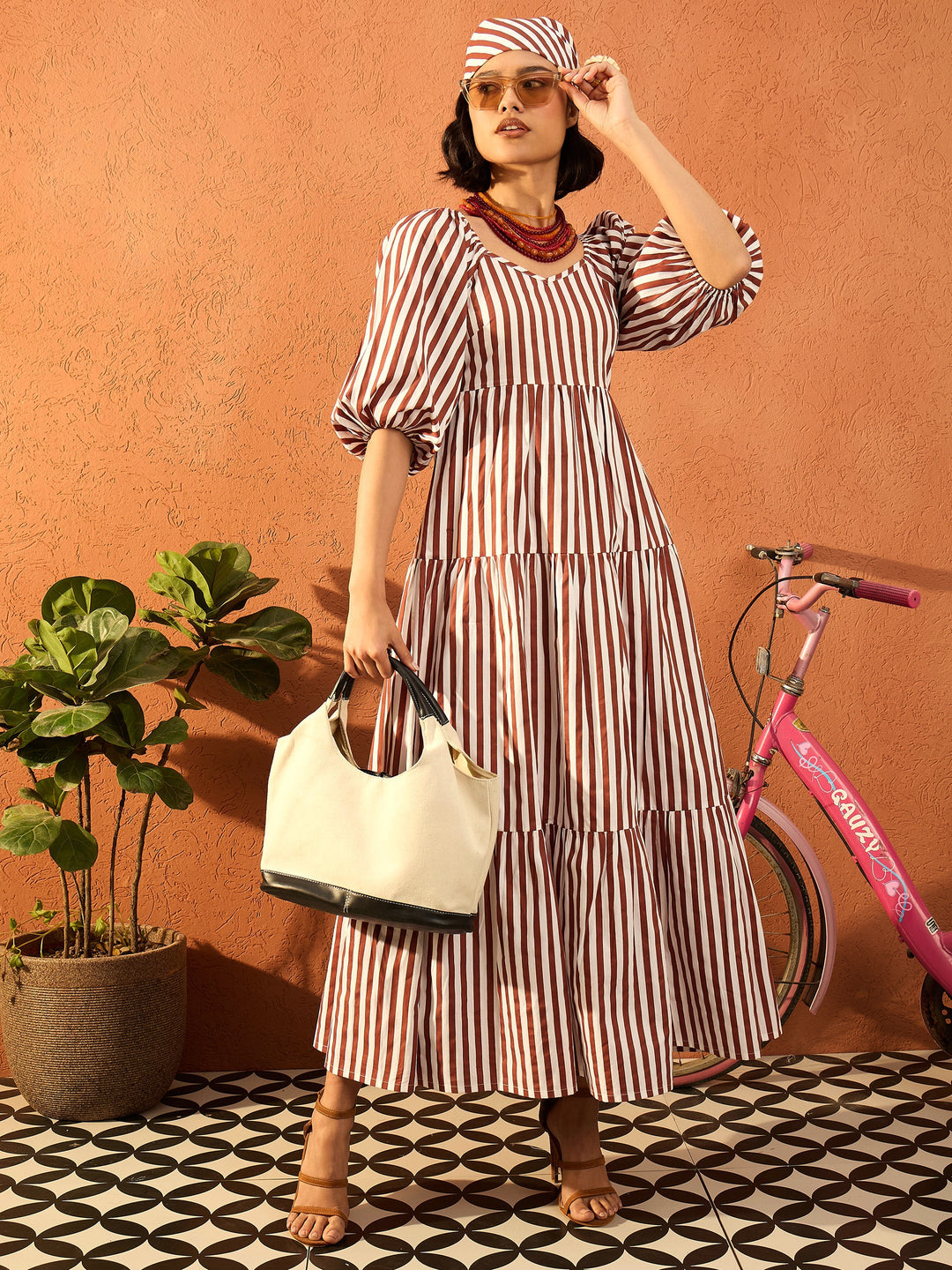 Women Brown &amp; White Stripe Tiered Maxi Dress